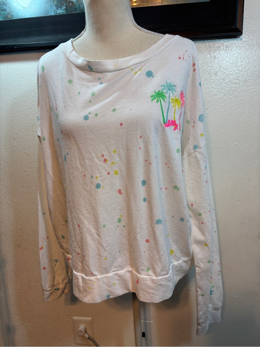 Lilly Pulitzer White Long-Sleeve Paint-Splatter Top with Palm Embroidery